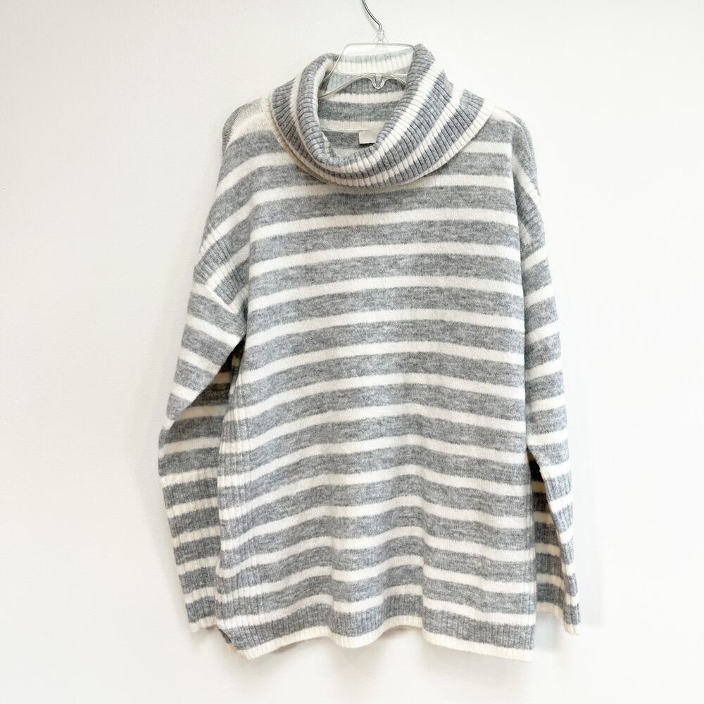 Loft Long Sleeve Striped Soft Turtleneck Sweater Gray White Small